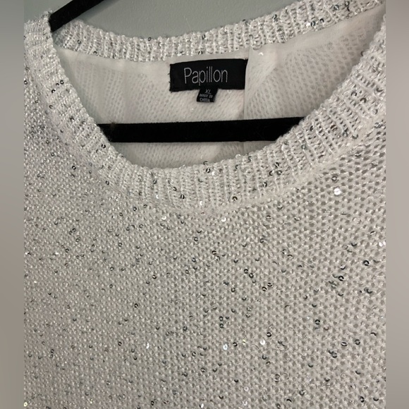 PAPILLON Sequin Mixed Media Sweater in White Size XL - Picture 4 of 7
